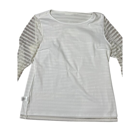 Dana Buchman Womens Size Large Blouse White Ruffle Striped Mesh 3/4 Sleeve Top - Picture 10 of 10